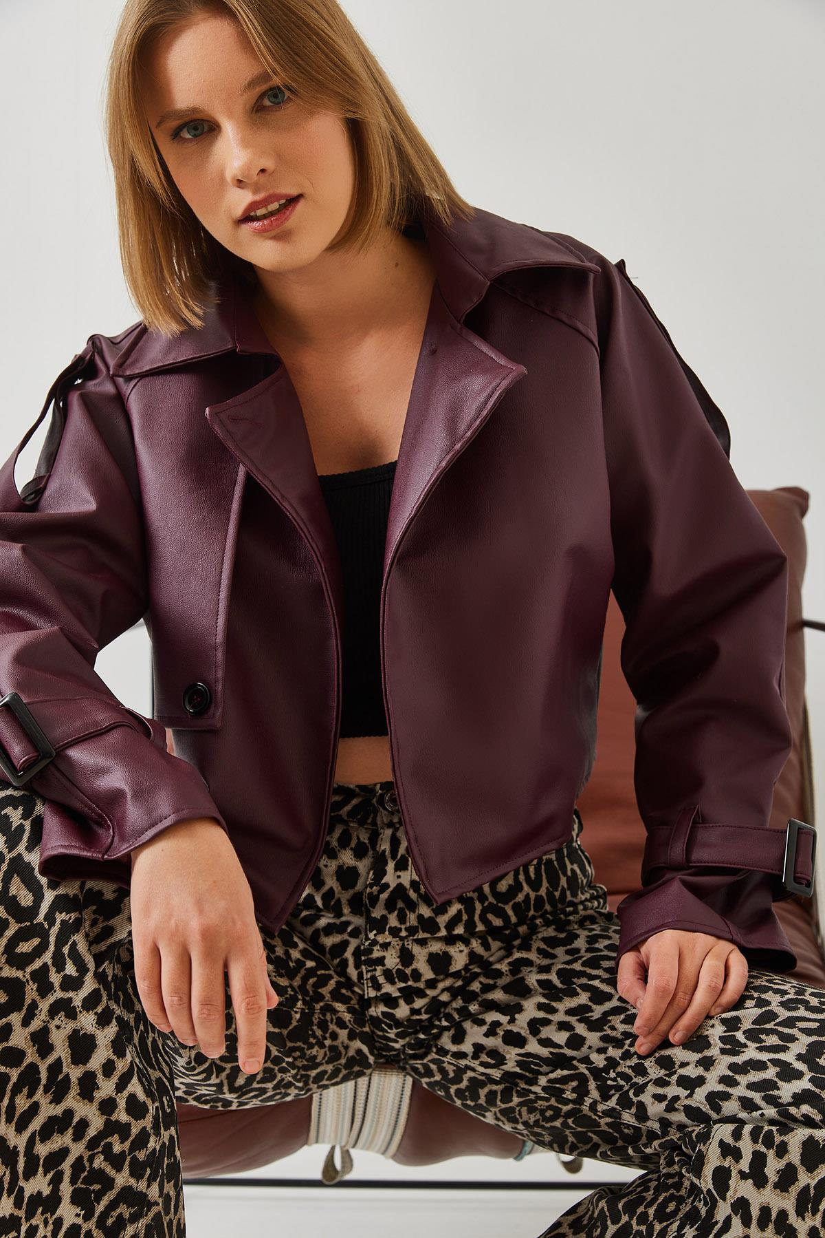 Aller Detay Crop Deri Ceket 2607 60351263 - Bordo