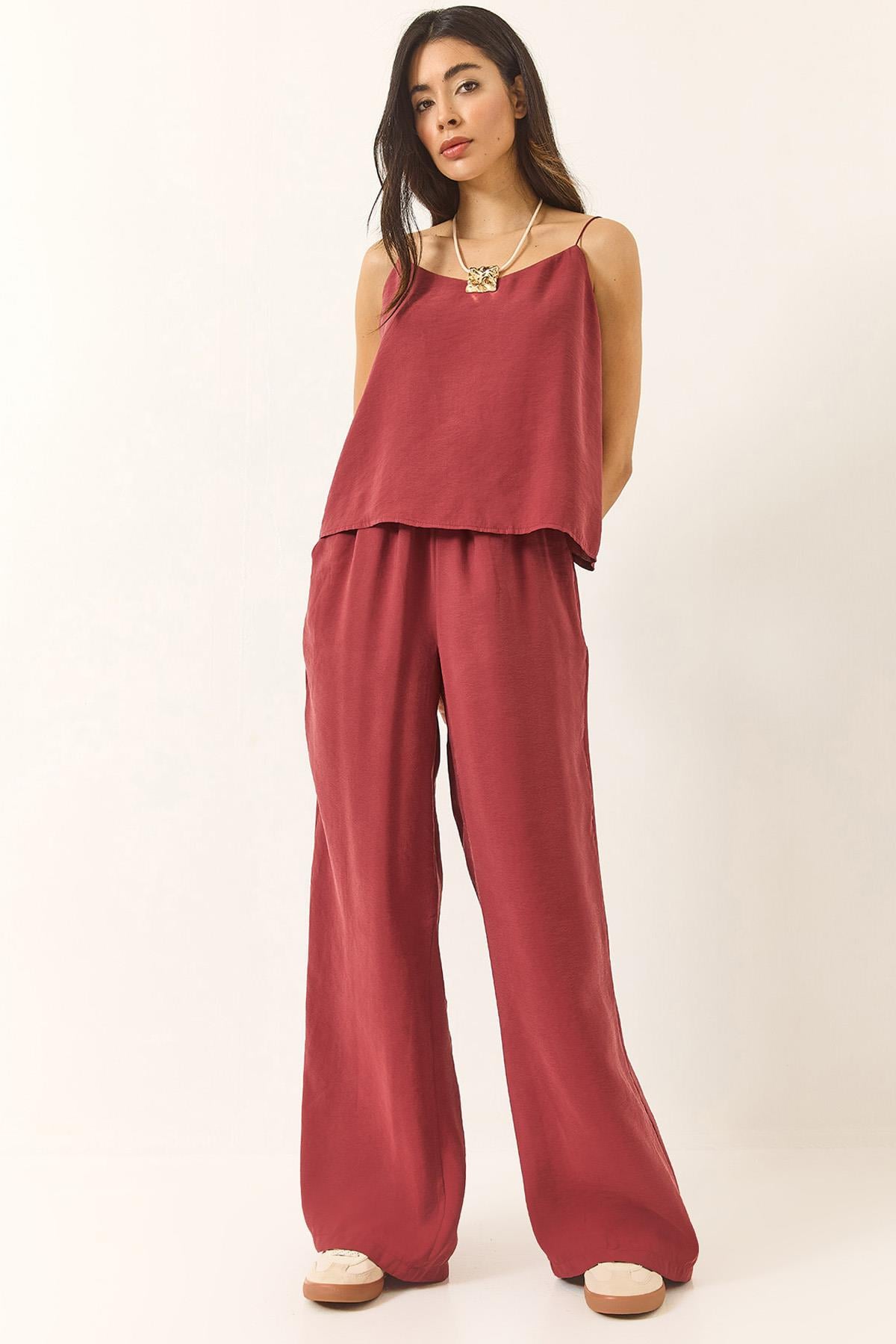 Askılı Dokuma Modal Bluz Pantolon Alt-Üst Takım 9298 60281024 - Bordo