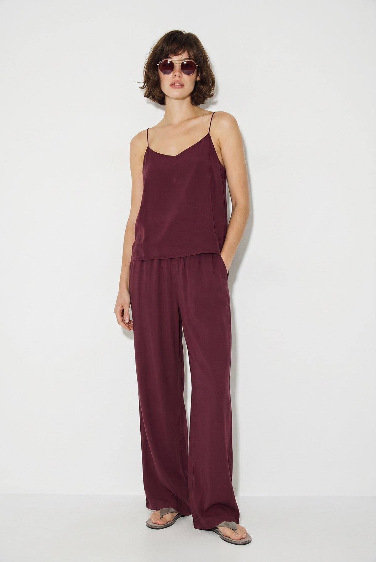 Askılı Dokuma Modal Bluz Pantolon Alt-Üst Takım 9298 60281024 - Koyu Bordo ALT - ÜST TAKIM modelleri