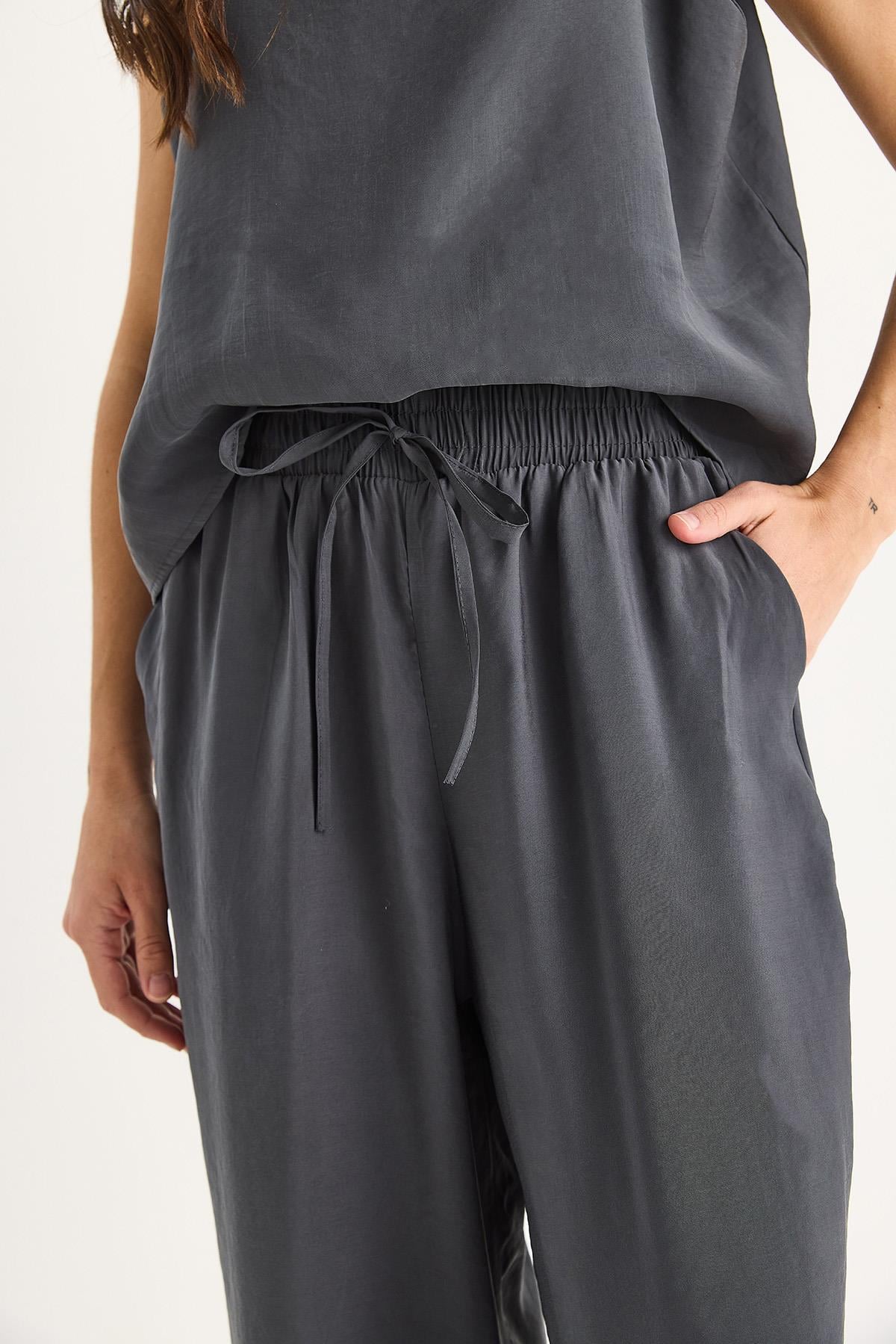 Askılı Dokuma Modal Bluz Pantolon Alt-Üst Takım 9298 60281024 - Füme