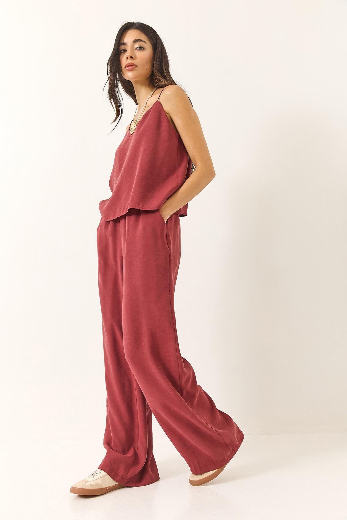 Askılı Dokuma Modal Bluz Pantolon Alt-Üst Takım 9298 60281024 - Bordo