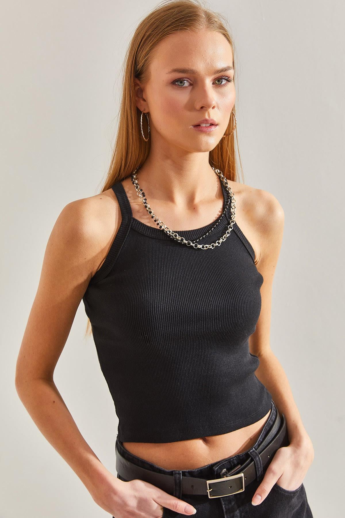 Askılı Kaşkorse Bluz 60101010 - Siyah BLUZ modelleri