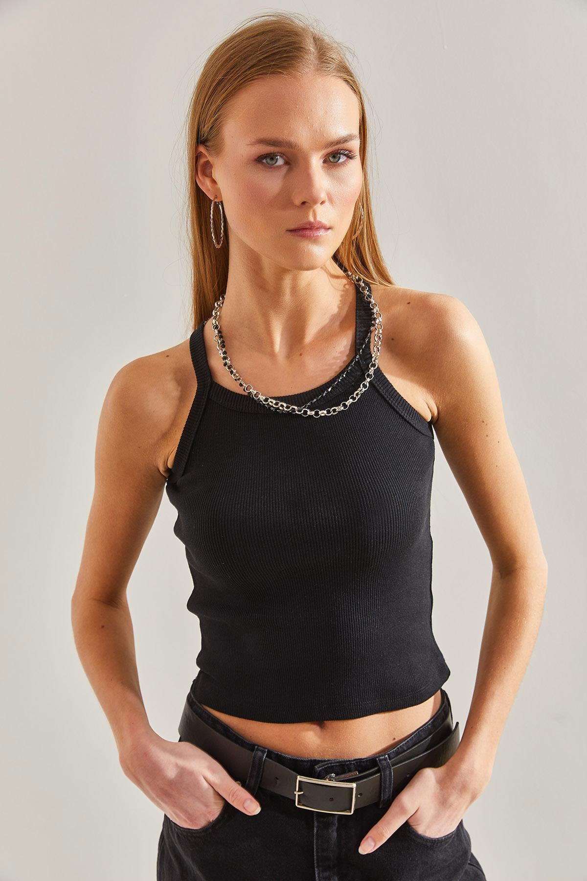 Askılı Kaşkorse Bluz 60101010 - Siyah BLUZ modelleri