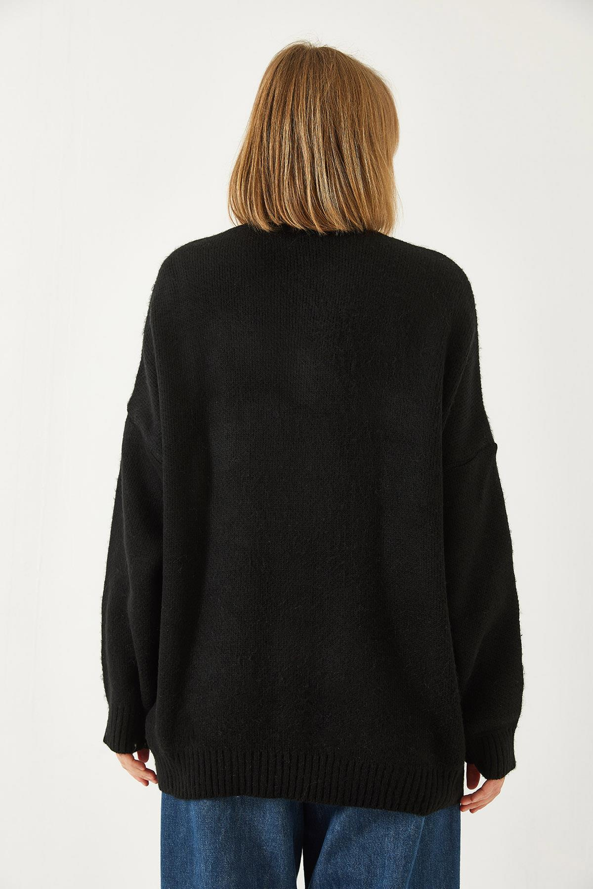Ayıcık Baskılı Oversize Triko Kazak 60261131 - Siyah