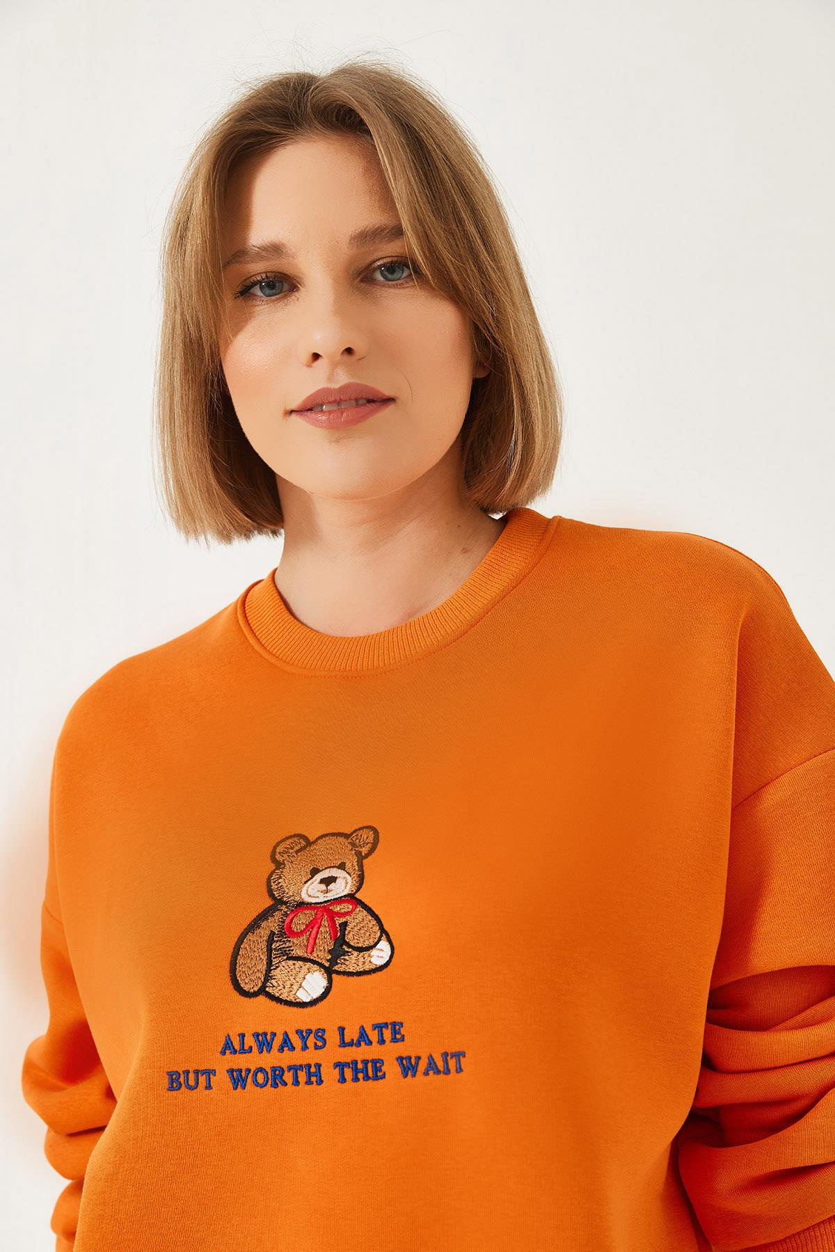 Ayıcık Baskılı Yazılı Ribanalı Basic Sweatshirt ÖS241011 60261314 - turuncu