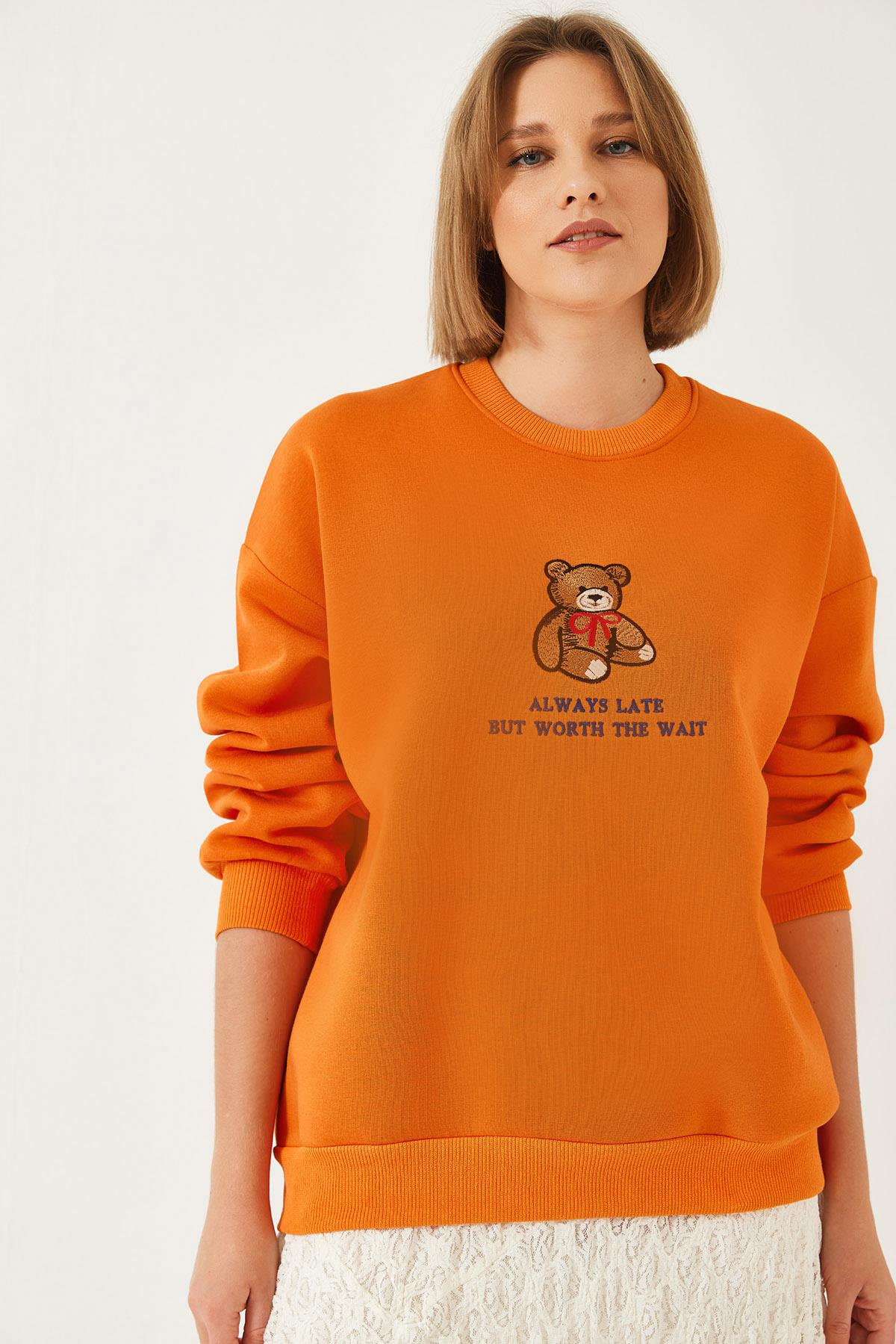Ayıcık Baskılı Yazılı Ribanalı Basic Sweatshirt ÖS241011 60261314 - turuncu