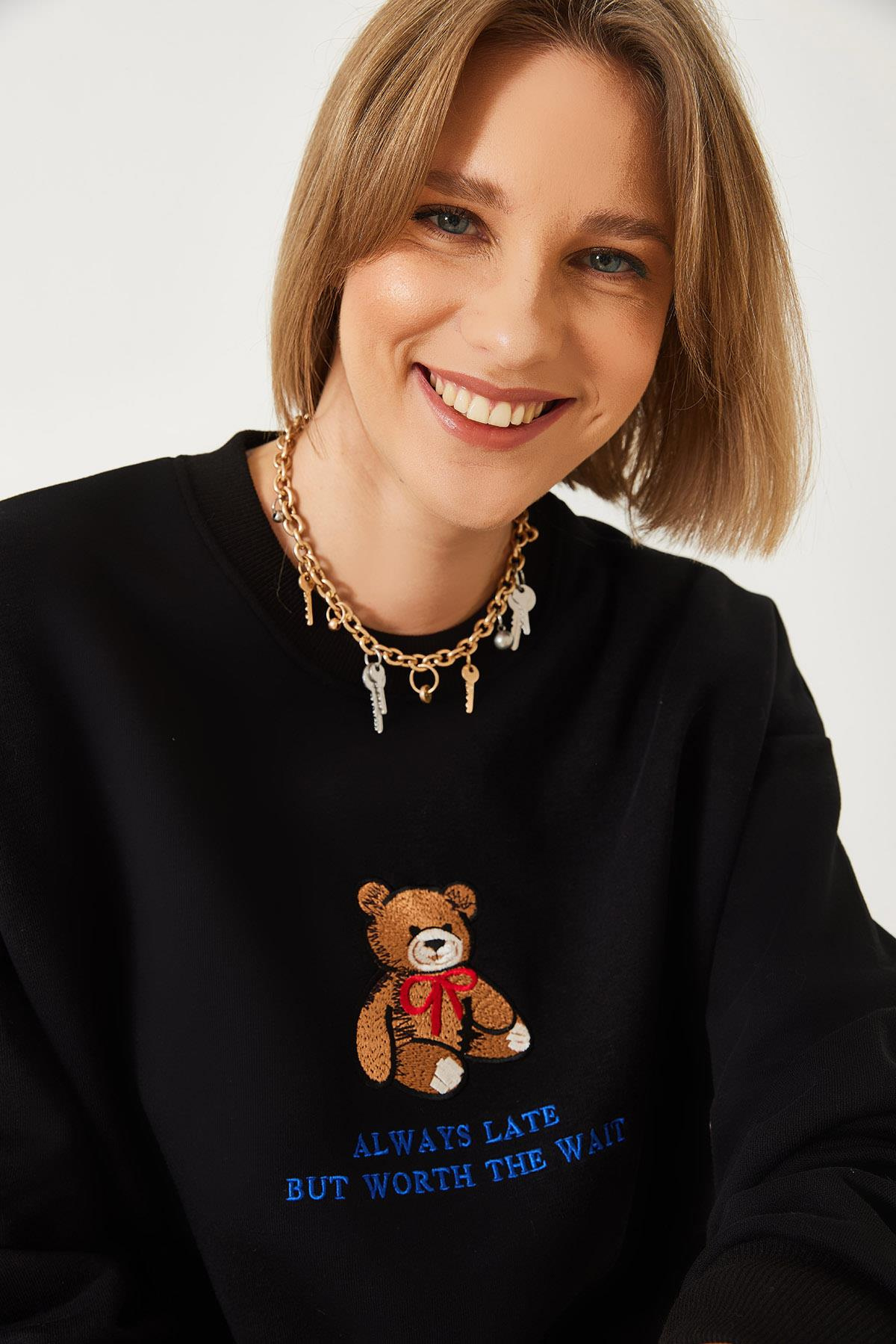 Ayıcık Baskılı Yazılı Ribanalı Basic Sweatshirt ÖS241011 60261314 - Siyah