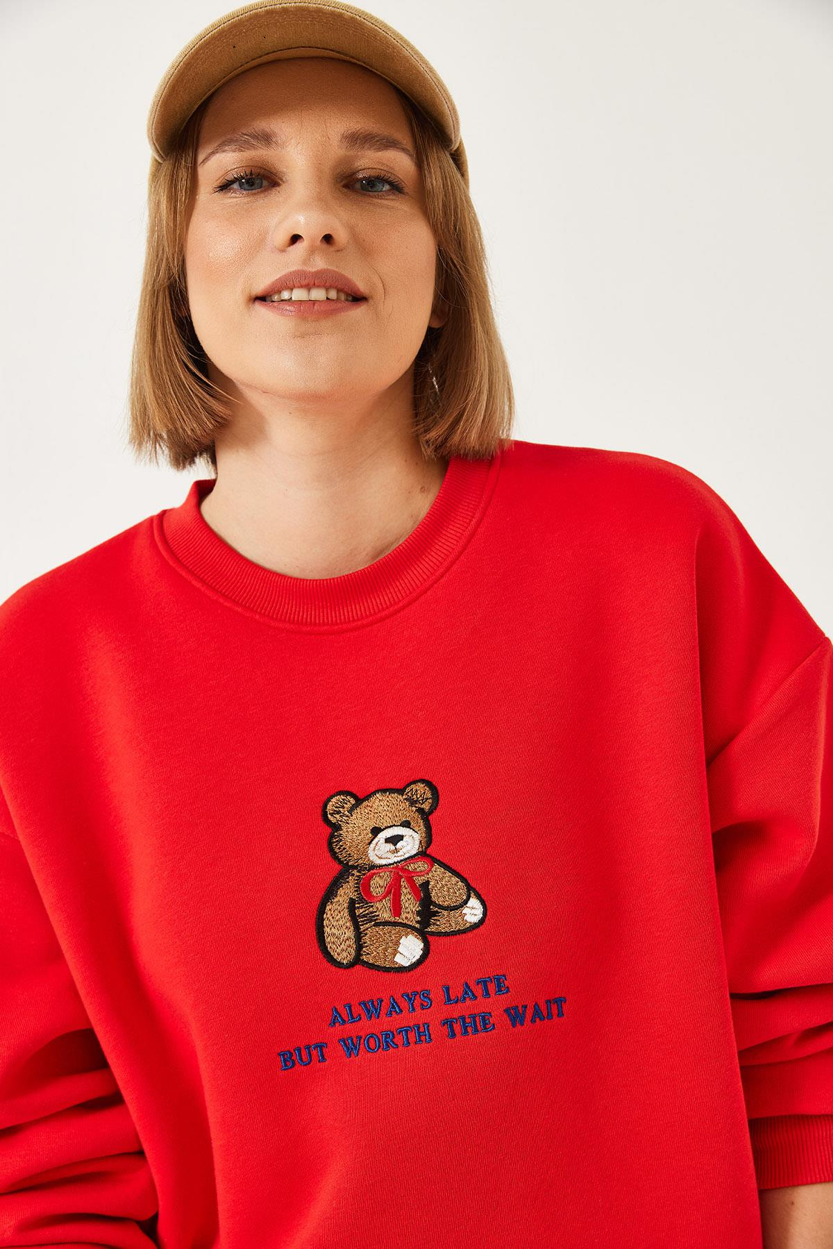 Ayıcık Baskılı Yazılı Ribanalı Basic Sweatshirt ÖS241011 60261314 - Fuşya