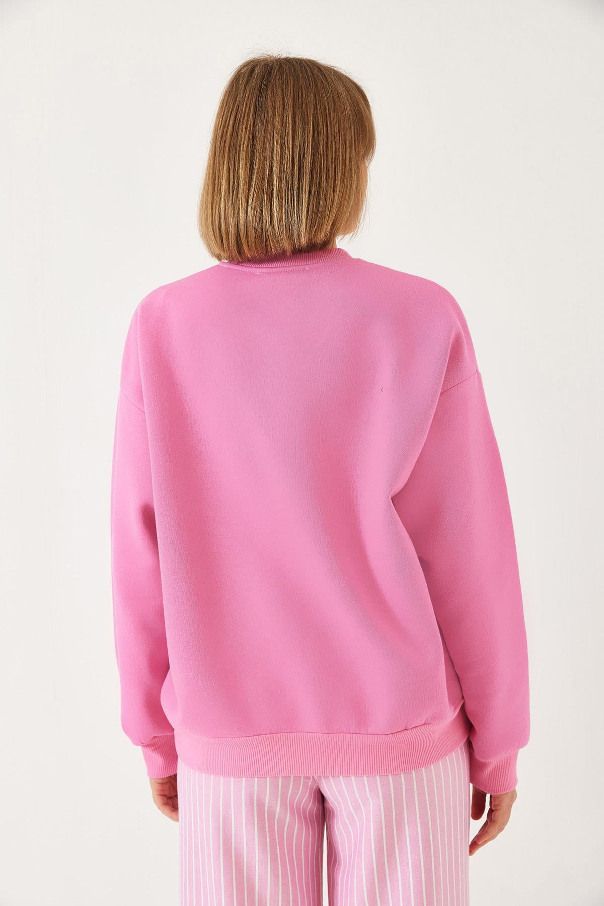 Ayıcık Baskılı Yazılı Ribanalı Basic Sweatshirt ÖS241011 60261314 - Şeker Pembe