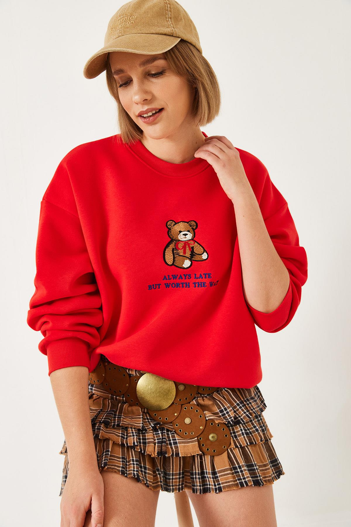 Ayıcık Baskılı Yazılı Ribanalı Basic Sweatshirt ÖS241011 60261314 - Fuşya