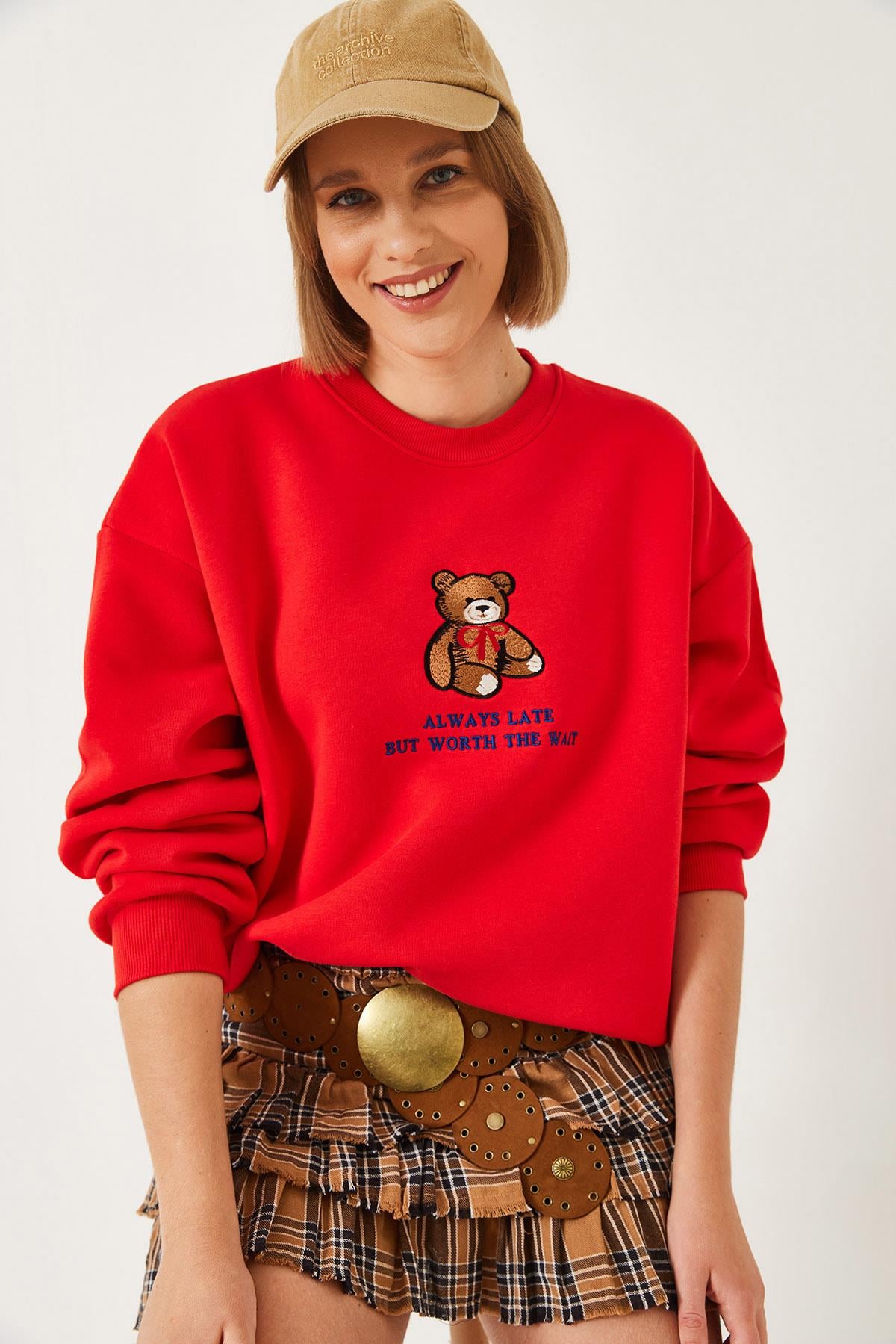 Ayıcık Baskılı Yazılı Ribanalı Basic Sweatshirt ÖS241011 60261314 - Fuşya