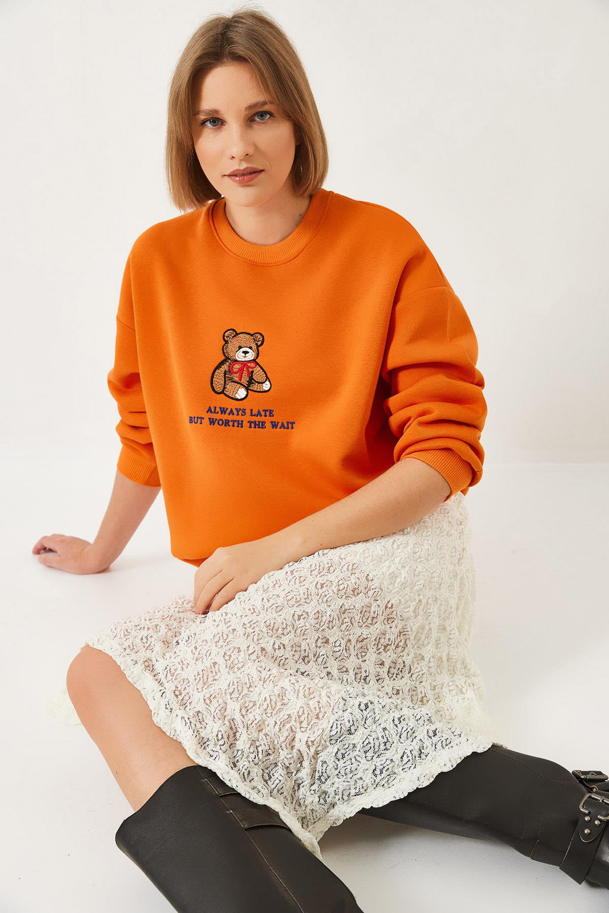 Ayıcık Baskılı Yazılı Ribanalı Basic Sweatshirt ÖS241011 60261314 - turuncu