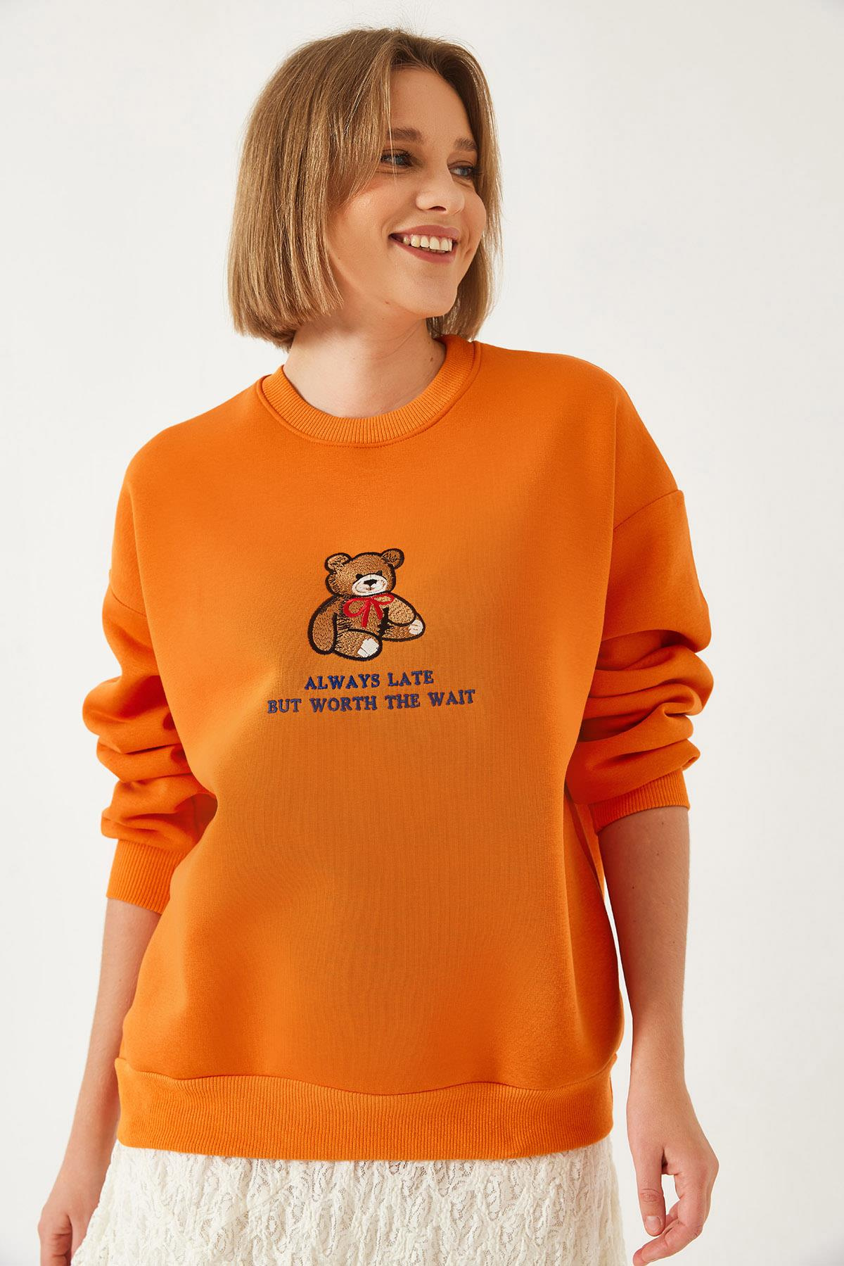 Ayıcık Baskılı Yazılı Ribanalı Basic Sweatshirt ÖS241011 60261314 - turuncu