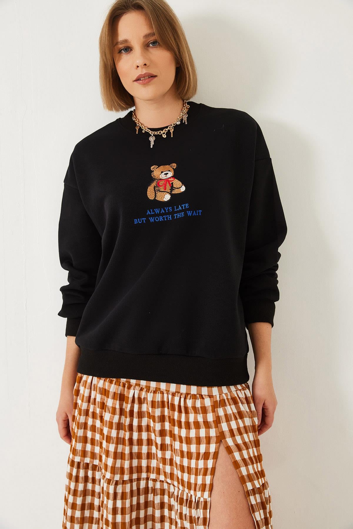 Ayıcık Baskılı Yazılı Ribanalı Basic Sweatshirt ÖS241011 60261314 - Siyah