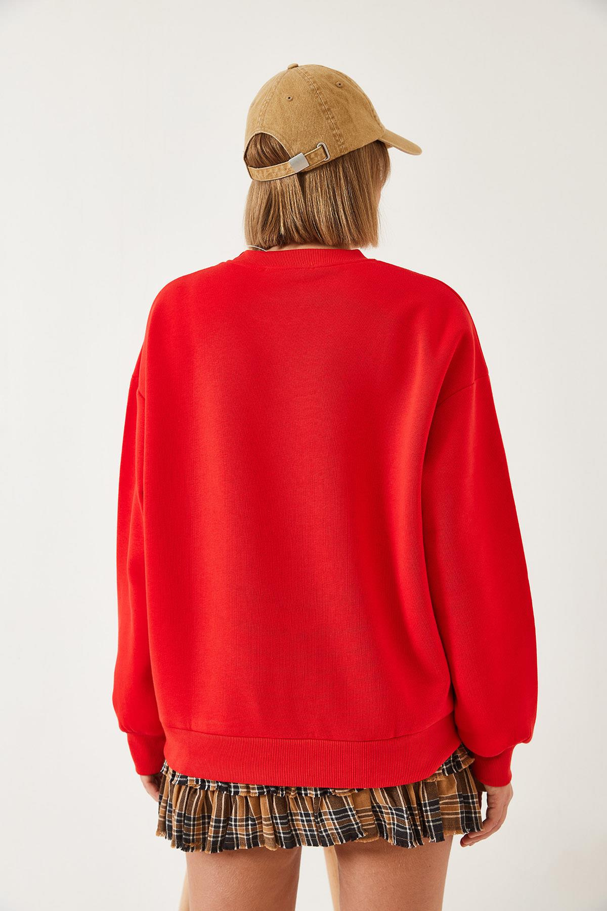 Ayıcık Baskılı Yazılı Ribanalı Basic Sweatshirt ÖS241011 60261314 - Fuşya