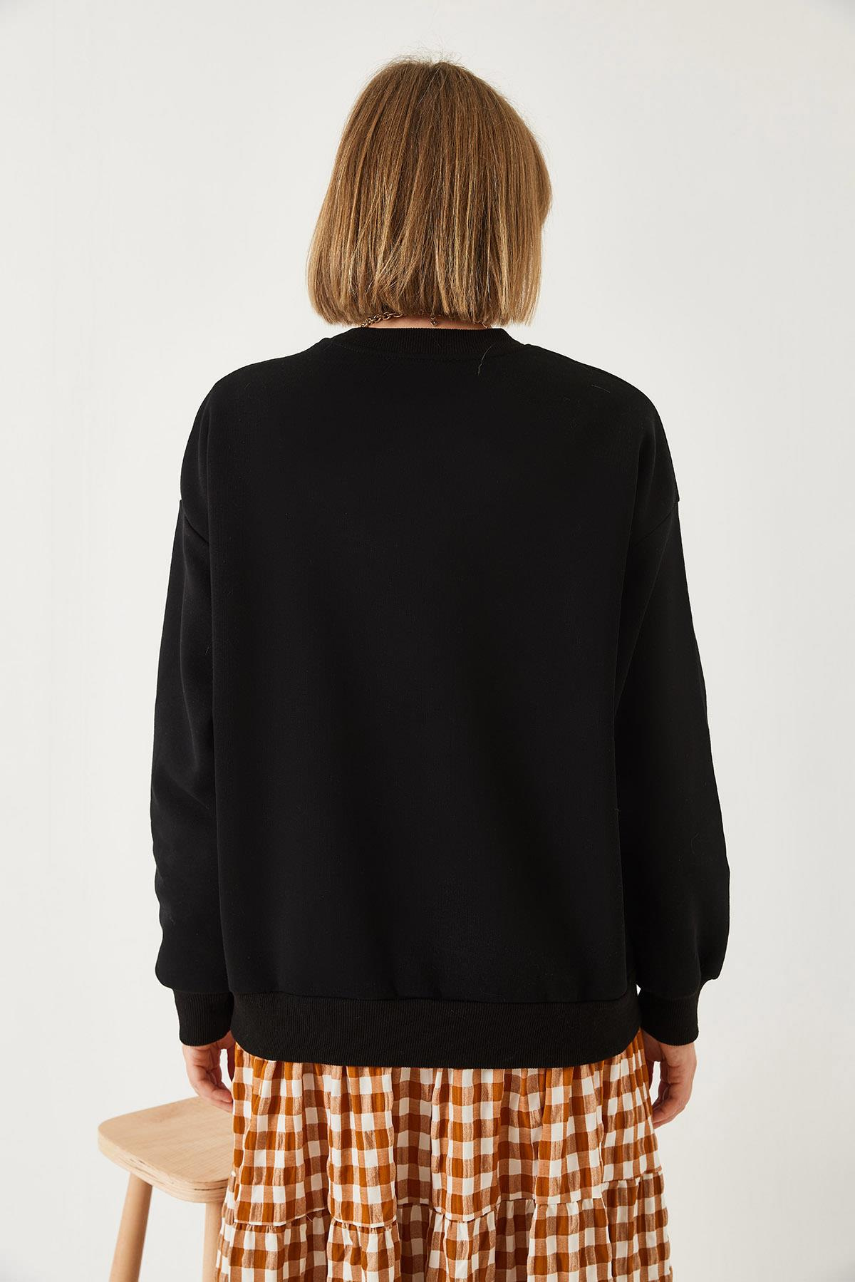 Ayıcık Baskılı Yazılı Ribanalı Basic Sweatshirt ÖS241011 60261314 - Siyah