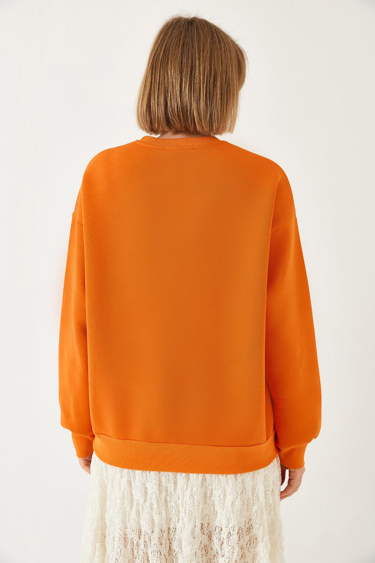 Ayıcık Baskılı Yazılı Ribanalı Basic Sweatshirt ÖS241011 60261314 - turuncu