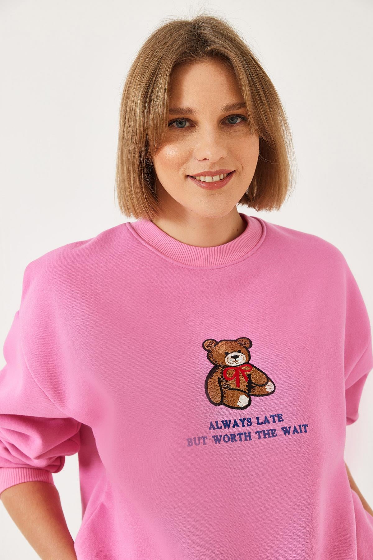 Ayıcık Baskılı Yazılı Ribanalı Basic Sweatshirt ÖS241011 60261314 - Şeker Pembe