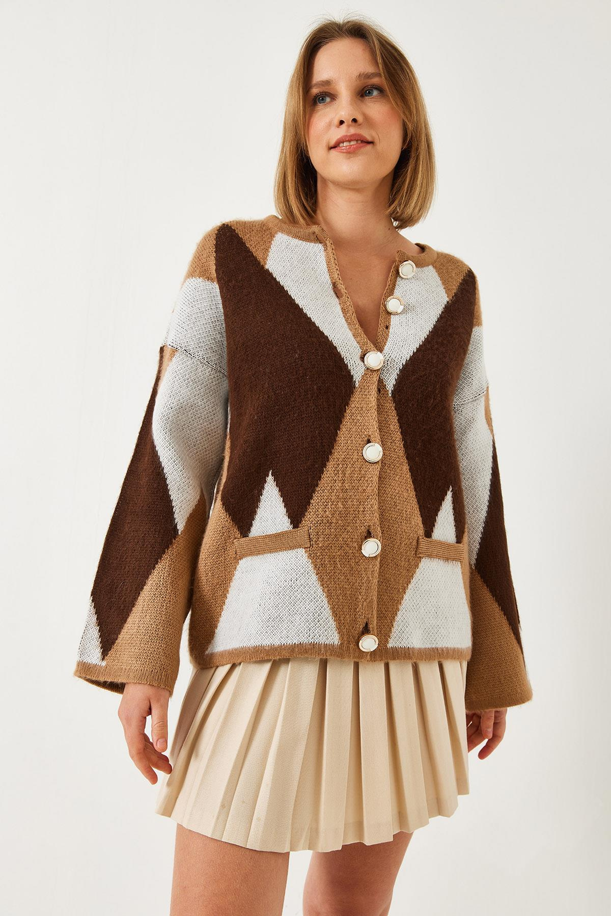 Baklava Desenli Oversize Triko Hırka 4021 60261248 - Kahverengi-Bej
