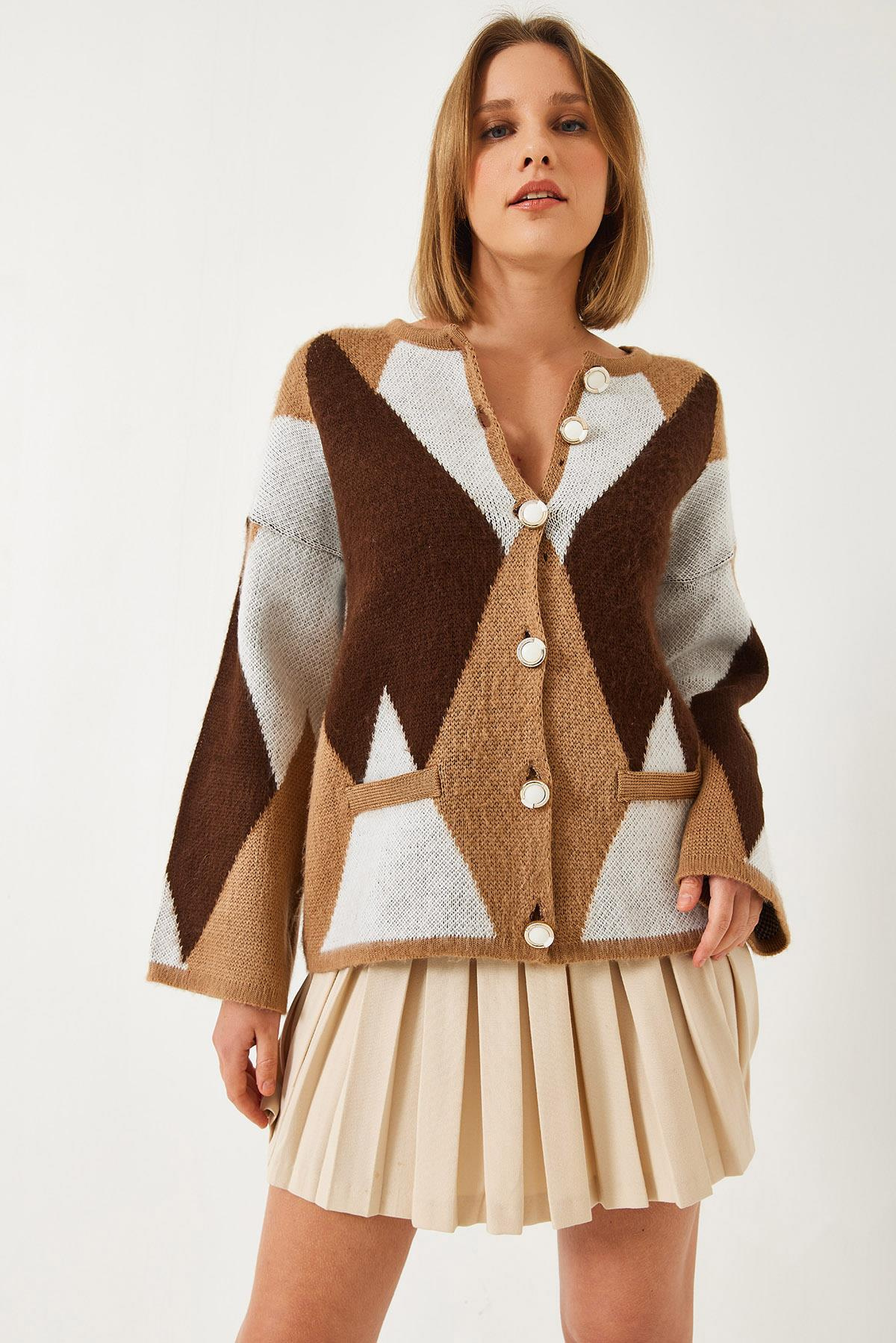 Baklava Desenli Oversize Triko Hırka 4021 60261248 - Kahverengi-Bej