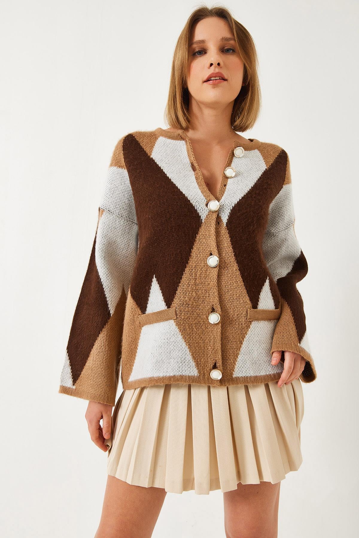 Baklava Desenli Oversize Triko Hırka 4021 60261248 - Kahverengi-Bej