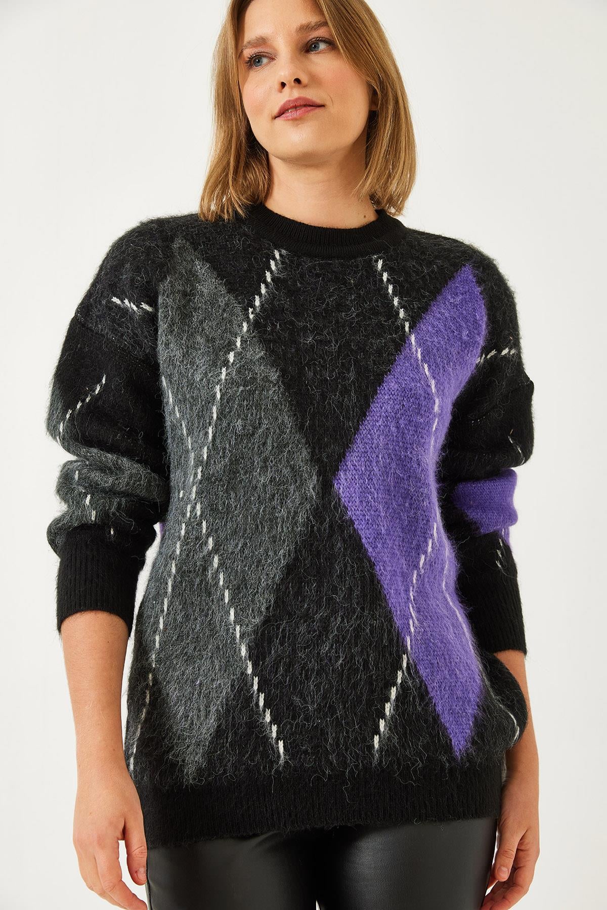 Baklava Desenli Oversize Triko Kazak 60351284 - Siyah-Mor