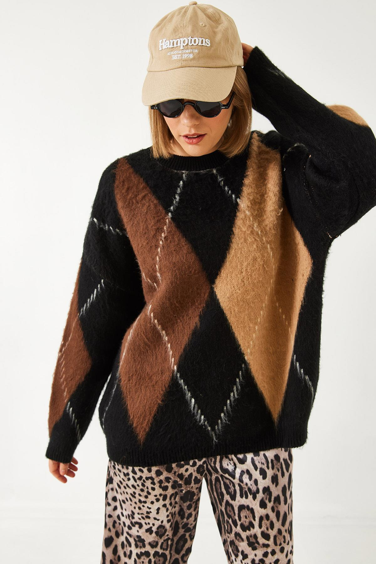 Baklava Desenli Oversize Triko Kazak 60351284 - Siyah-Camel