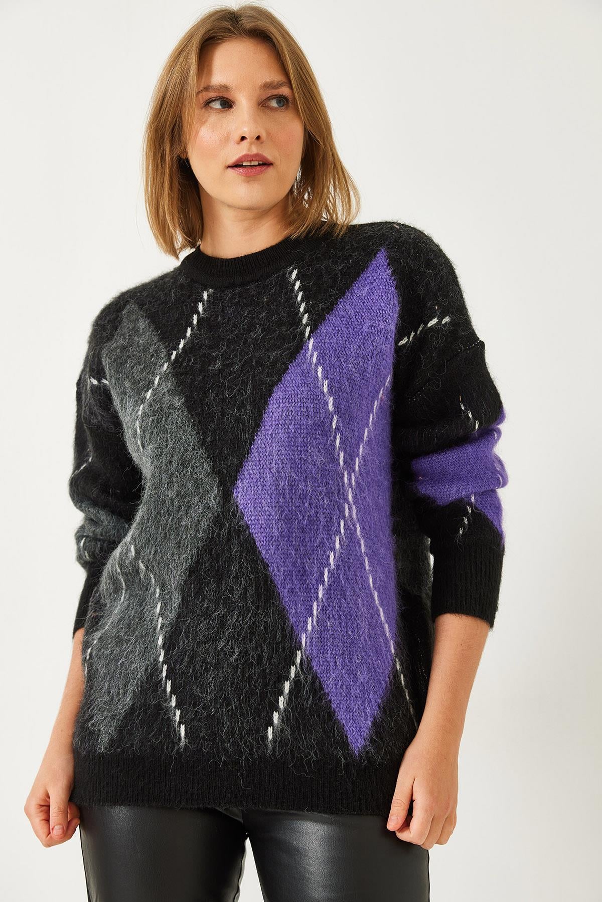 Baklava Desenli Oversize Triko Kazak 60351284 - Siyah-Mor