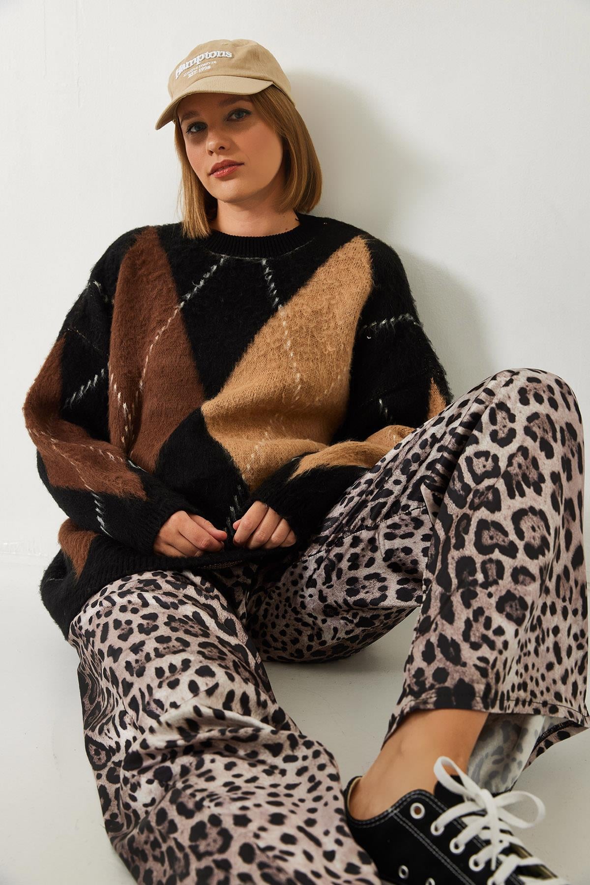 Baklava Desenli Oversize Triko Kazak 60351284 - Siyah-Camel