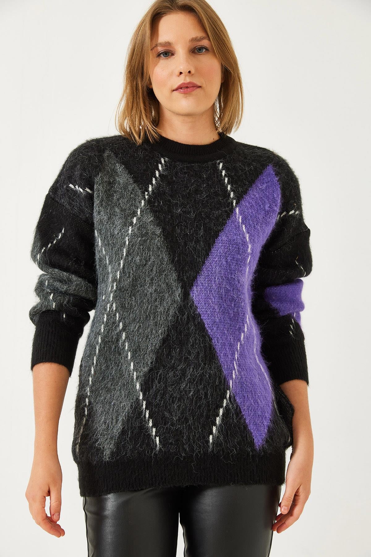 Baklava Desenli Oversize Triko Kazak 60351284 - Siyah-Mor