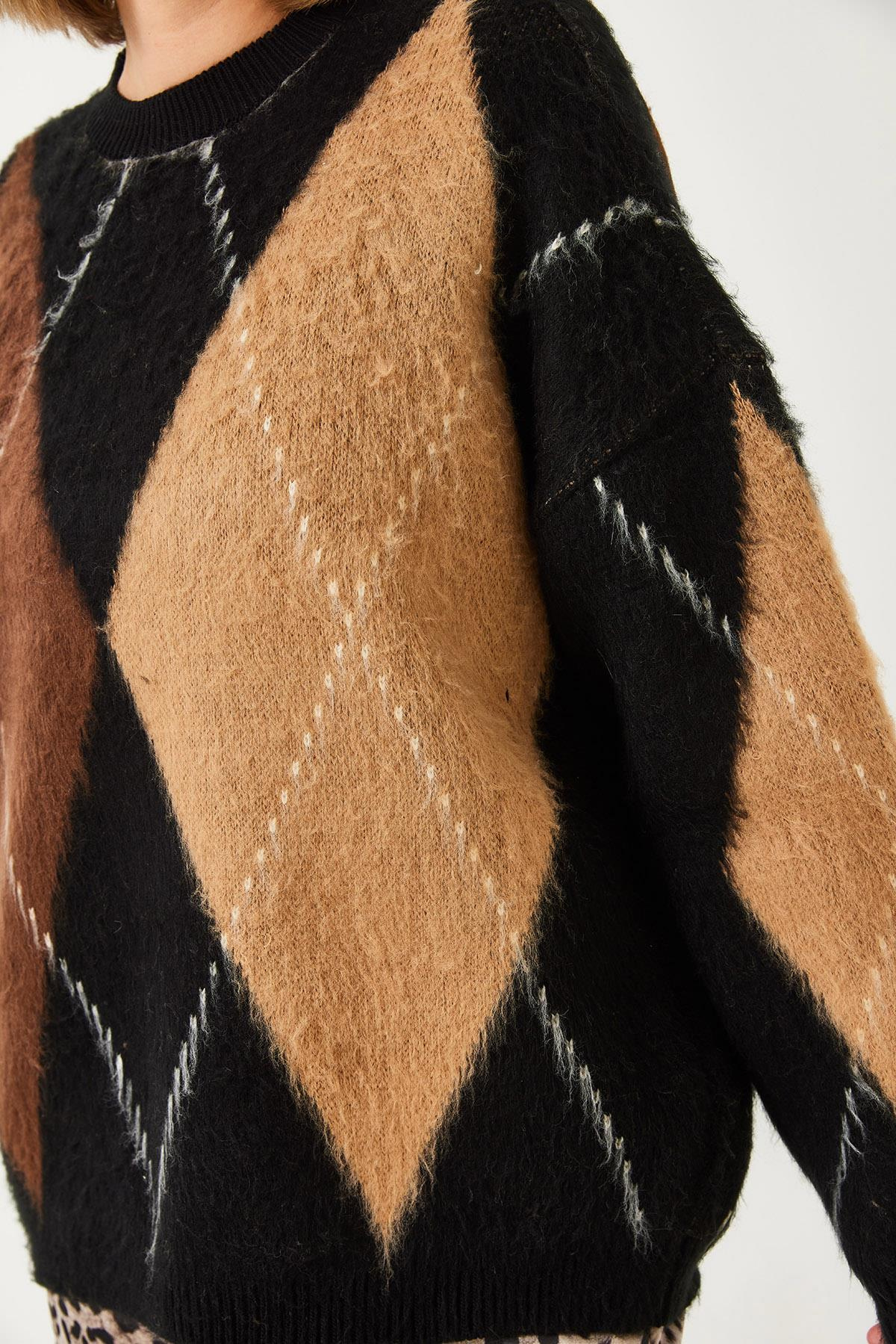 Baklava Desenli Oversize Triko Kazak 60351284 - Siyah-Camel