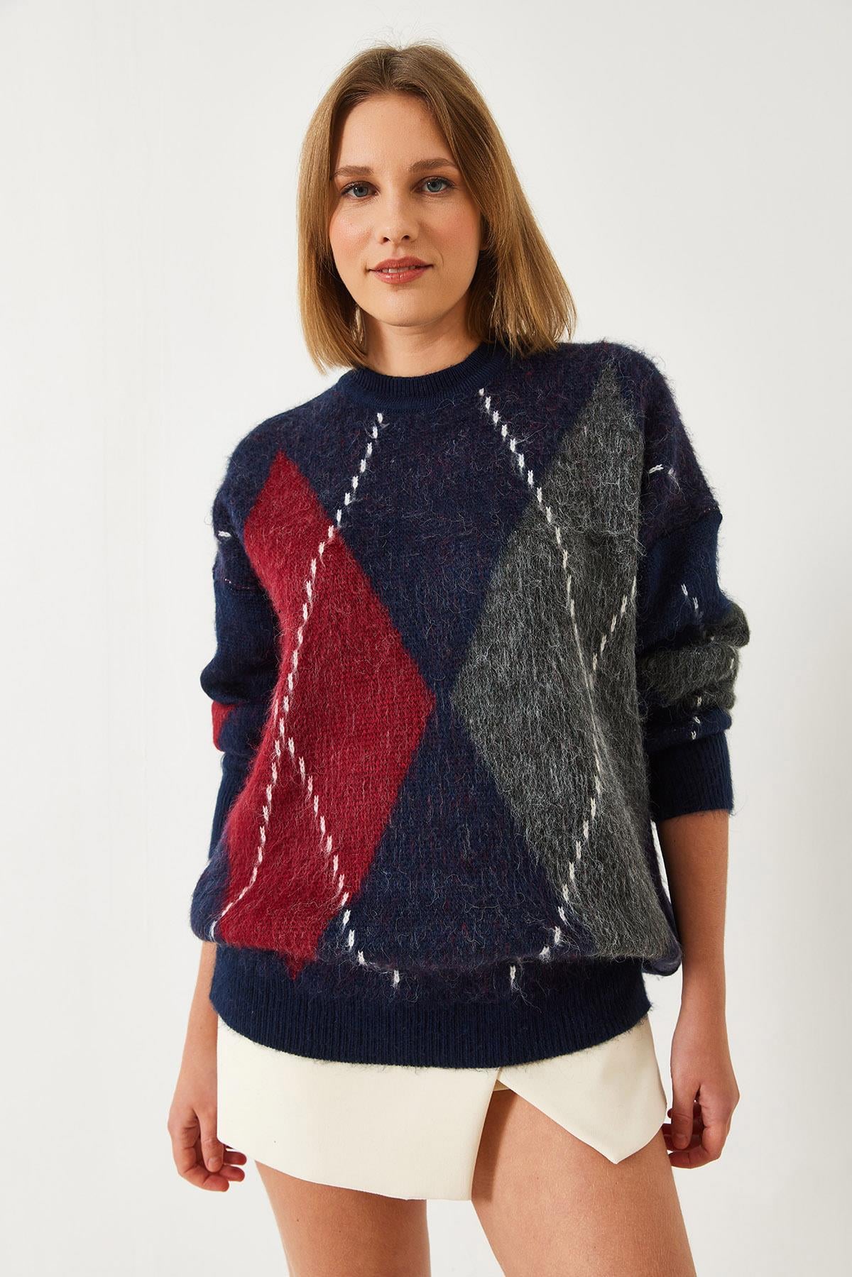 Baklava Desenli Oversize Triko Kazak 60351284 - Lacivert-Kırmızı