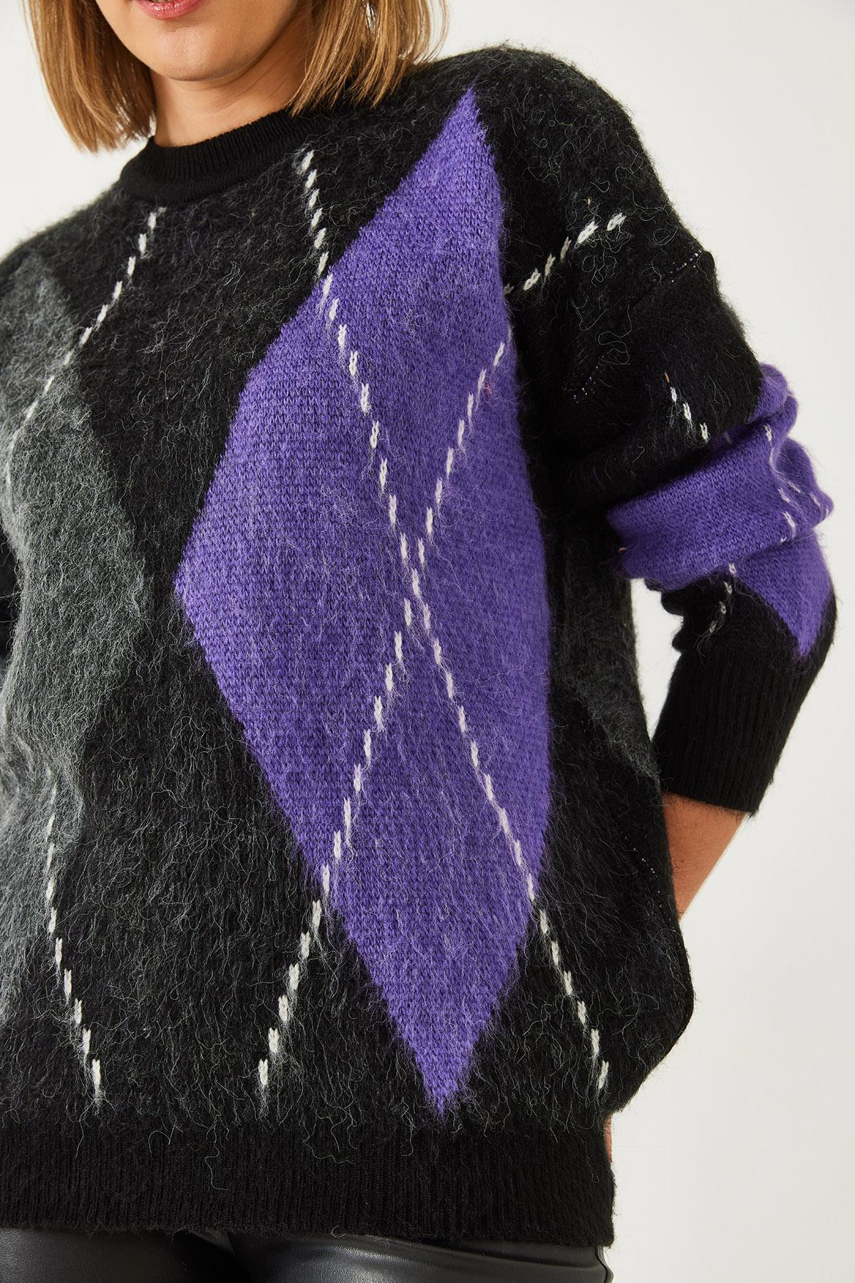 Baklava Desenli Oversize Triko Kazak 60351284 - Siyah-Mor