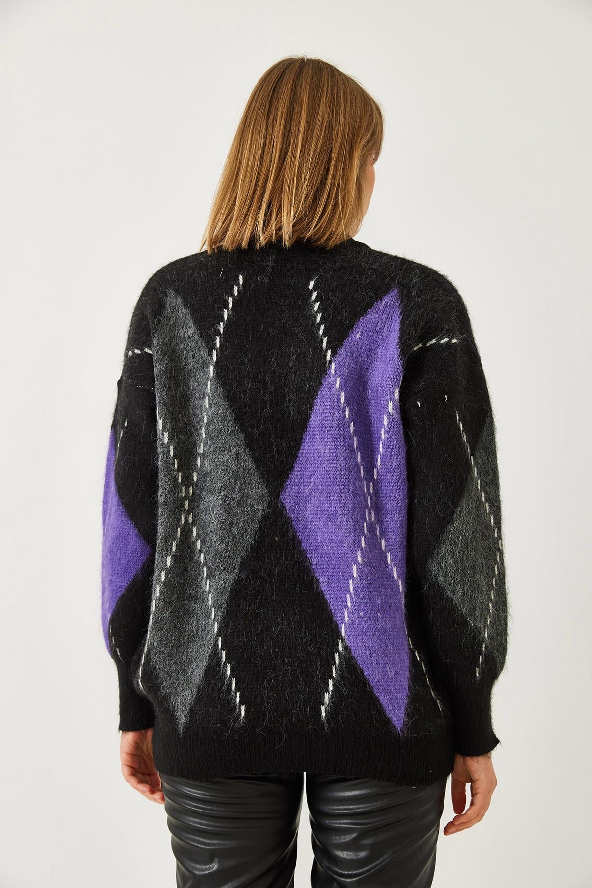 Baklava Desenli Oversize Triko Kazak 60351284 - Siyah-Mor