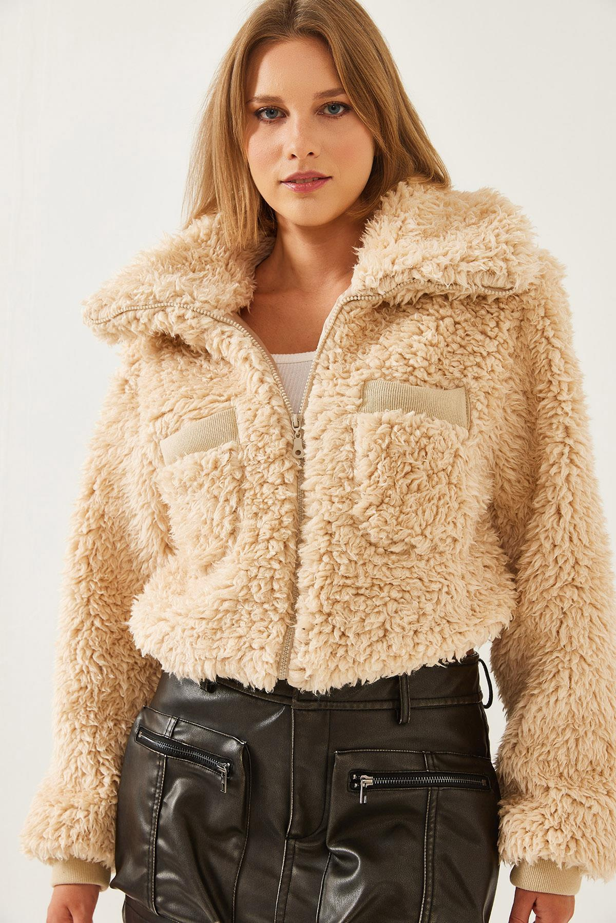 Balıkçı Yaka Beli Lastikli Peluş Mont 938137 60351233 - Camel