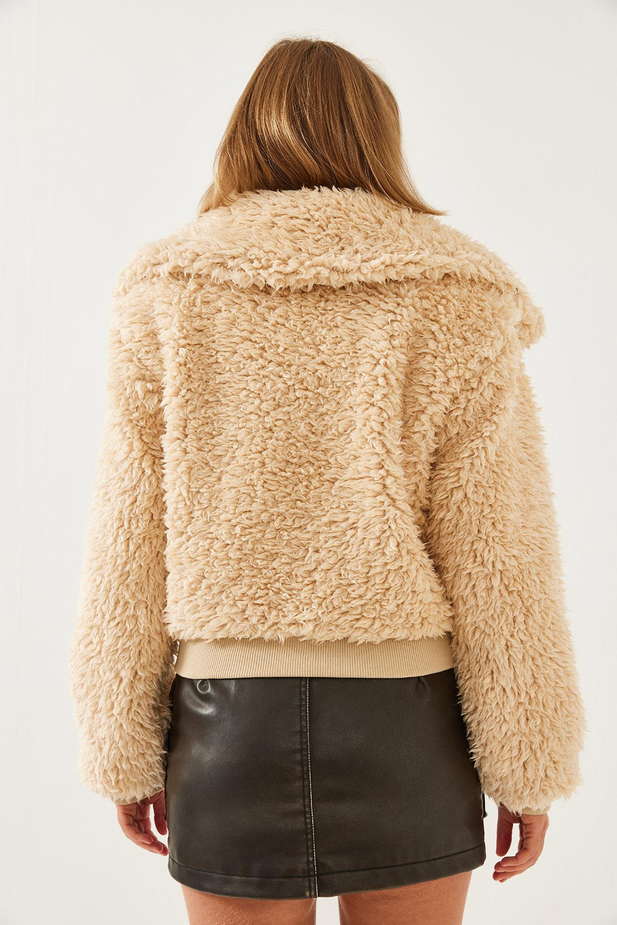 Balıkçı Yaka Beli Lastikli Peluş Mont 938137 60351233 - Camel