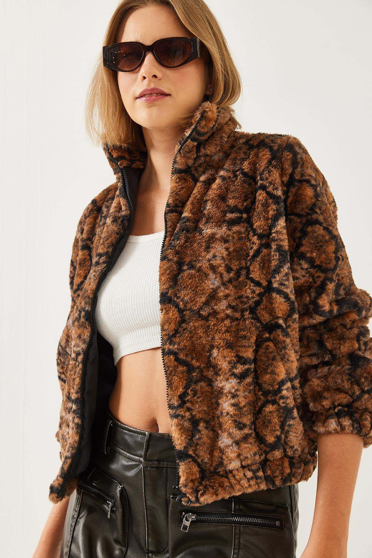 Balıkçı Yaka Fermuarlı Peluş Mont 3108 60351231 - Siyah-Camel