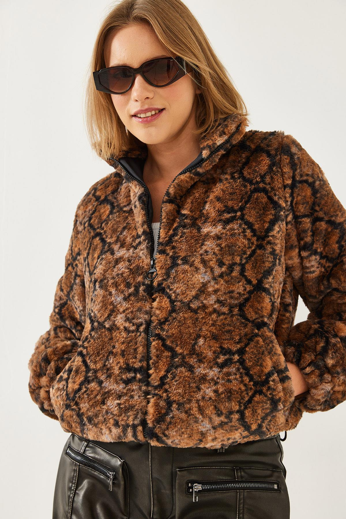 Balıkçı Yaka Fermuarlı Peluş Mont 3108 60351231 - Siyah-Camel