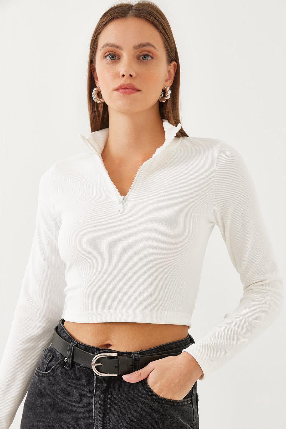Balıkçı Yaka Yarım Fermuarlı Fitilli Crop Bluz 60351019 - Beyaz BLUZ modelleri