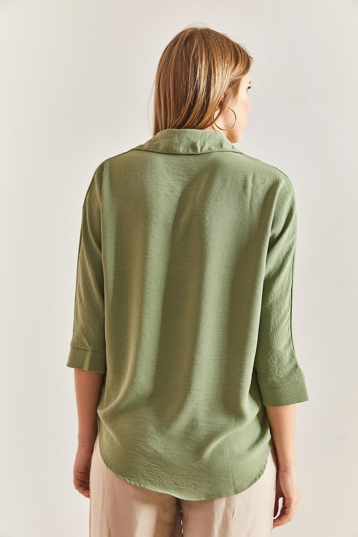 Basic Oversize Keten Ayrobin Bluz - Mint Yeşili BLUZ modelleri