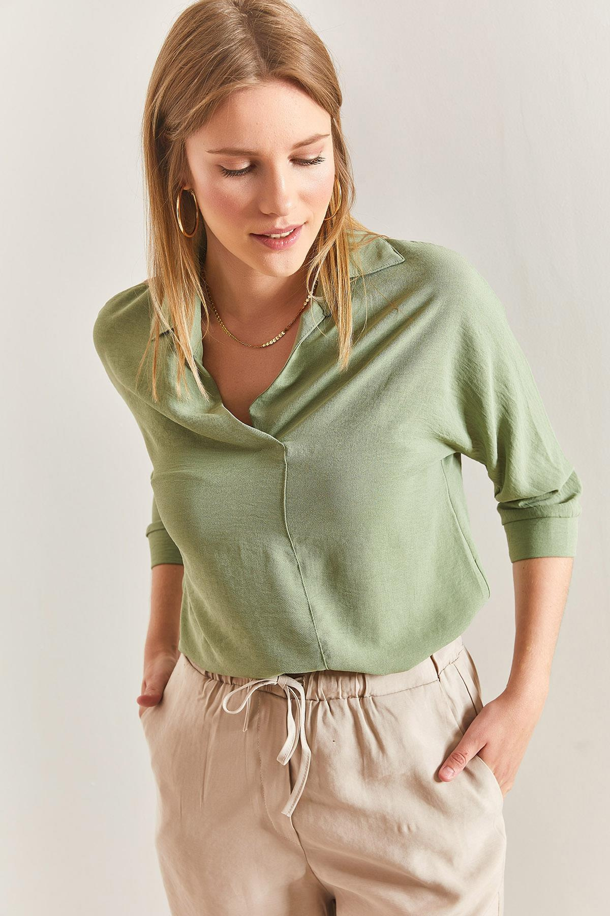 Basic Oversize Keten Ayrobin Bluz - Mint Yeşili BLUZ modelleri