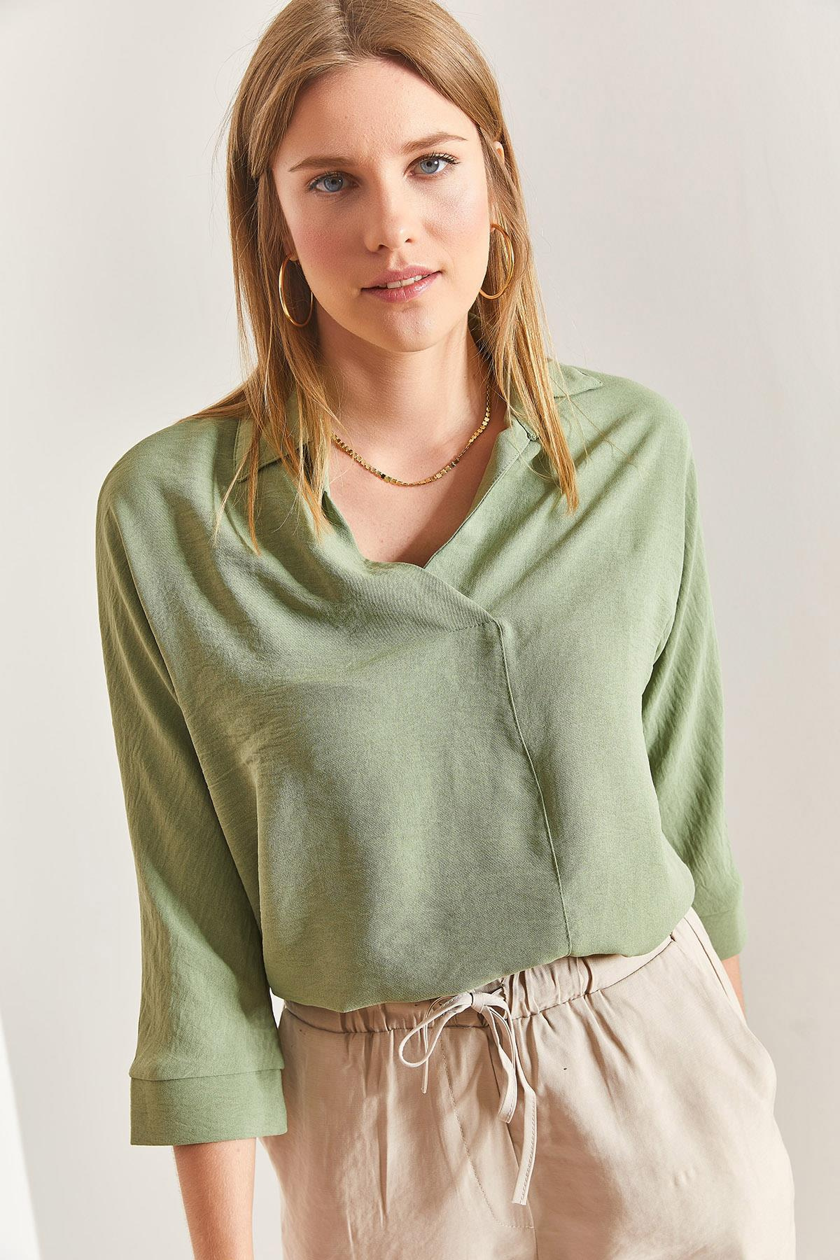 Basic Oversize Keten Ayrobin Bluz - Mint Yeşili BLUZ modelleri