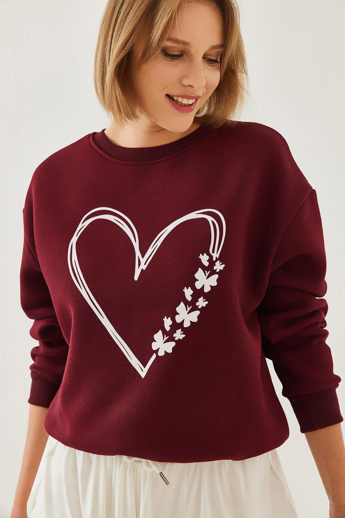 Baskılı Kalp Detaylı Bisiklet Yaka 3 İplik Şardonlu Sweatshirt 60601026 - Bordo