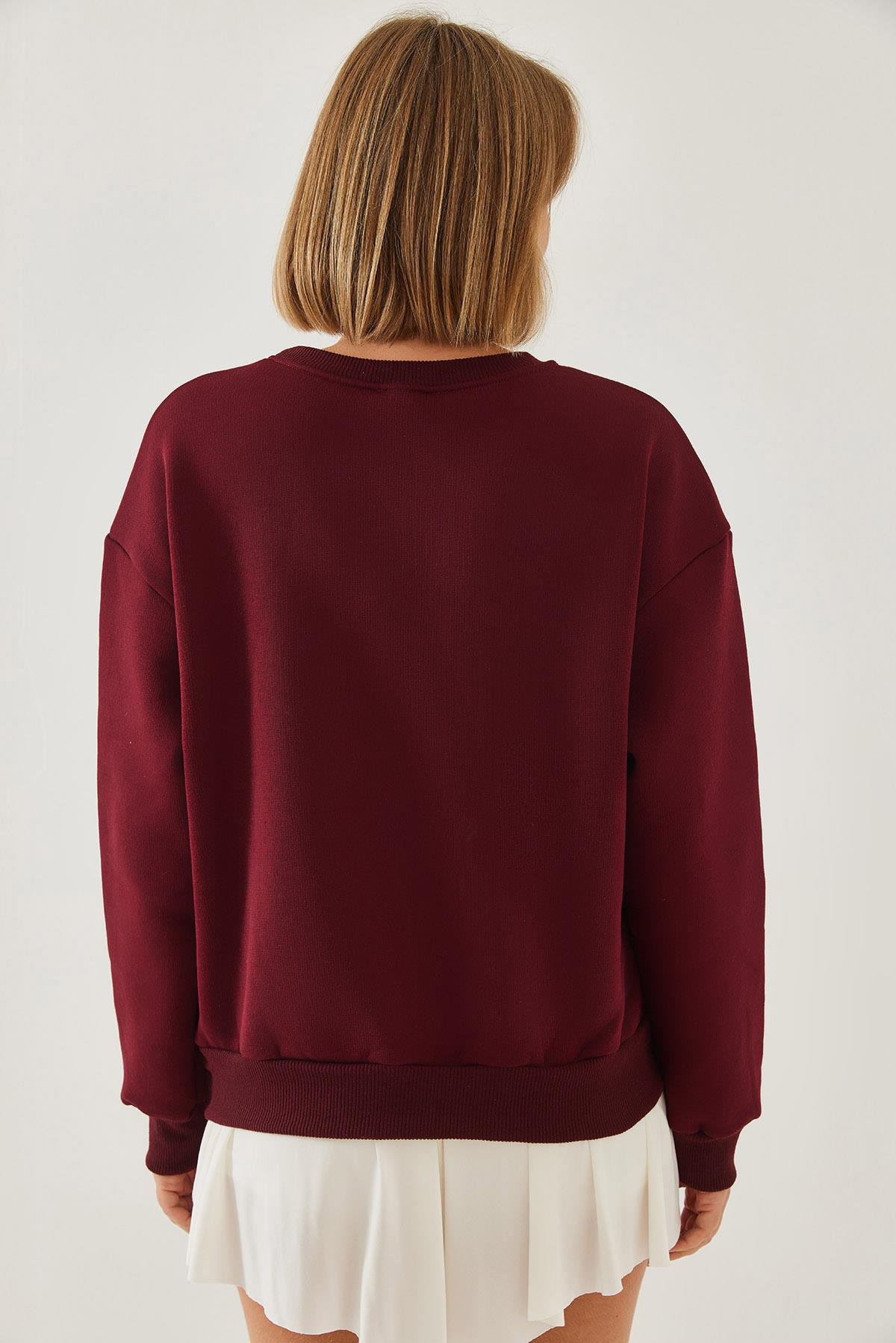 Baskılı Kalp Detaylı Bisiklet Yaka 3 İplik Şardonlu Sweatshirt 60601026 - Bordo