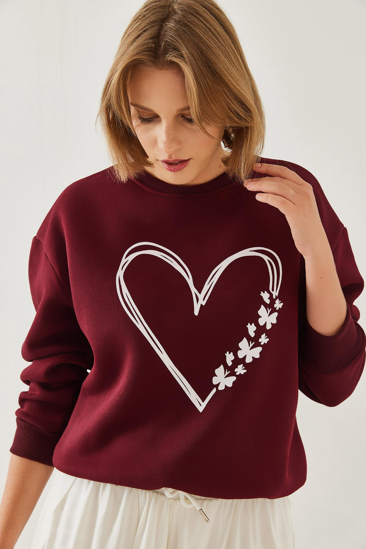 Baskılı Kalp Detaylı Bisiklet Yaka 3 İplik Şardonlu Sweatshirt 60601026 - Bordo