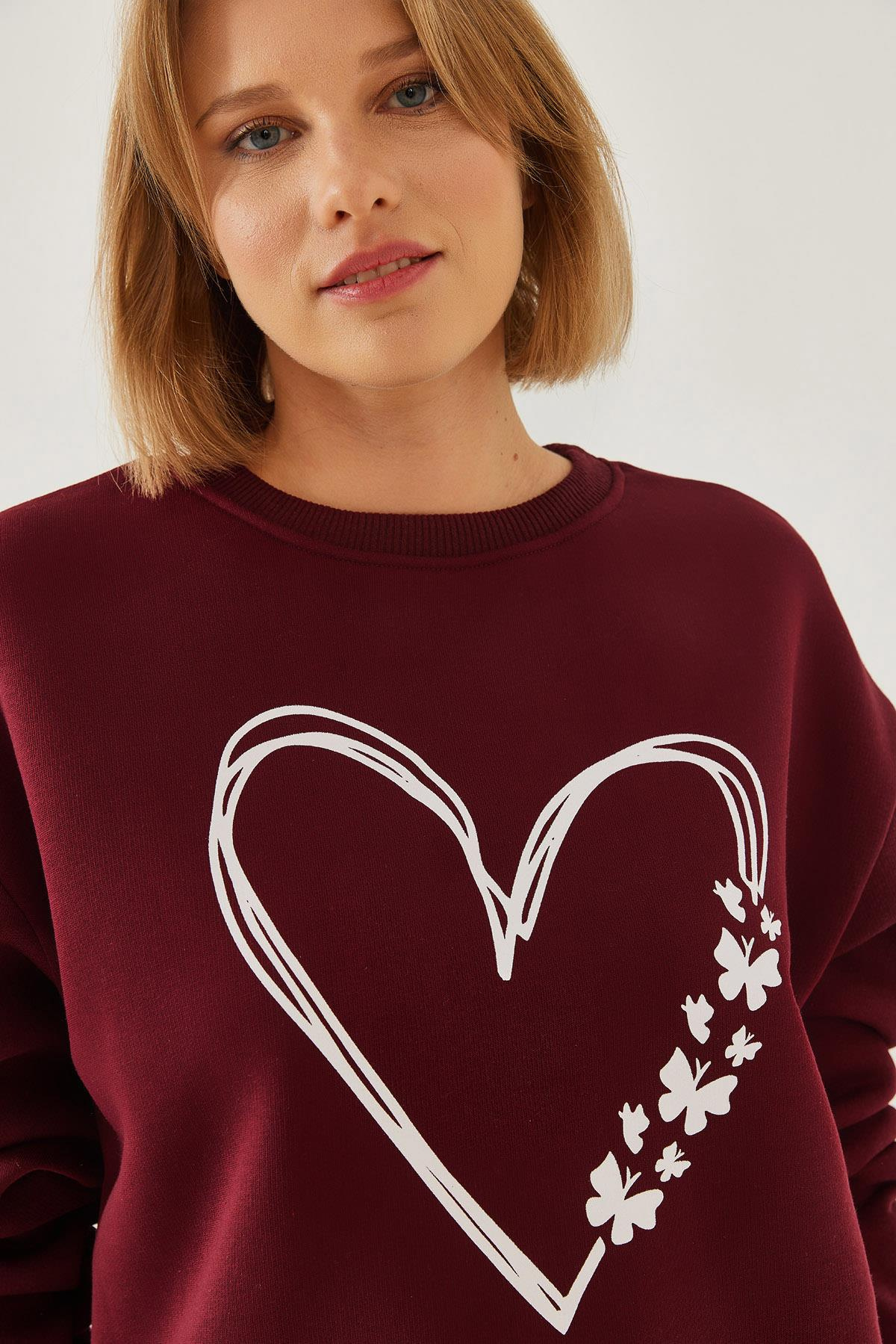Baskılı Kalp Detaylı Bisiklet Yaka 3 İplik Şardonlu Sweatshirt 60601026 - Bordo
