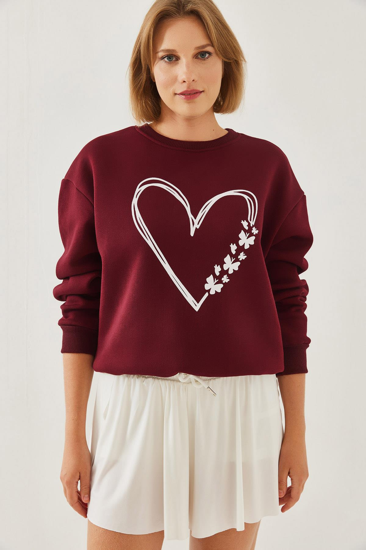 Baskılı Kalp Detaylı Bisiklet Yaka 3 İplik Şardonlu Sweatshirt 60601026 - Bordo