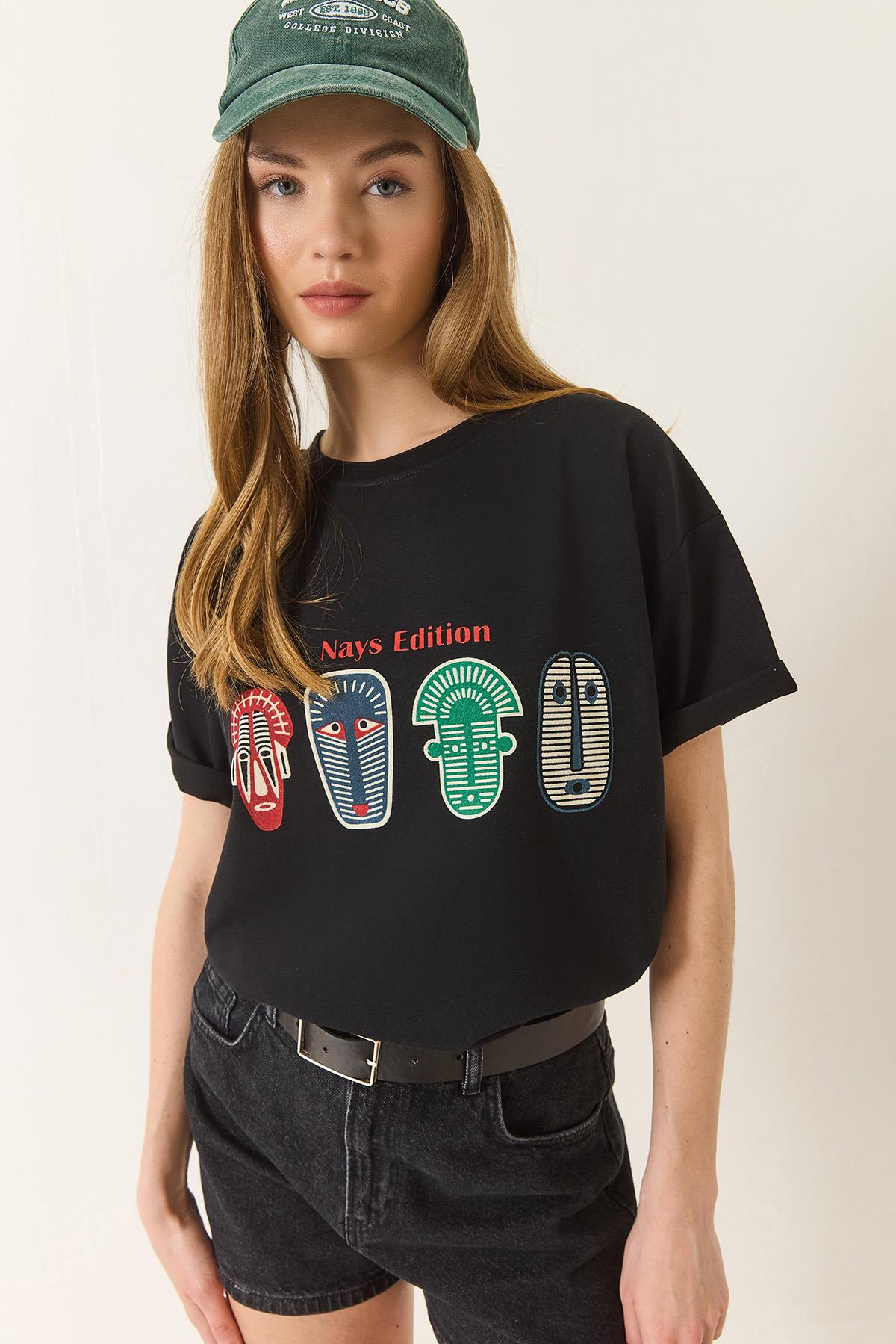 Baskılı Oversize Kısa Kollu Basic T-Shirt 60284034 - Siyah