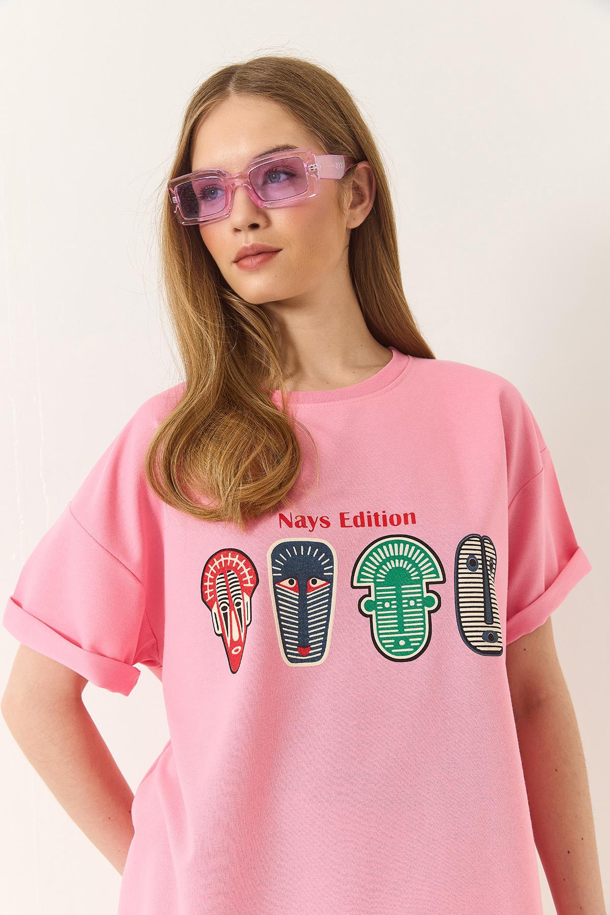 Baskılı Oversize Kısa Kollu Basic T-Shirt 60284034 - Pembe