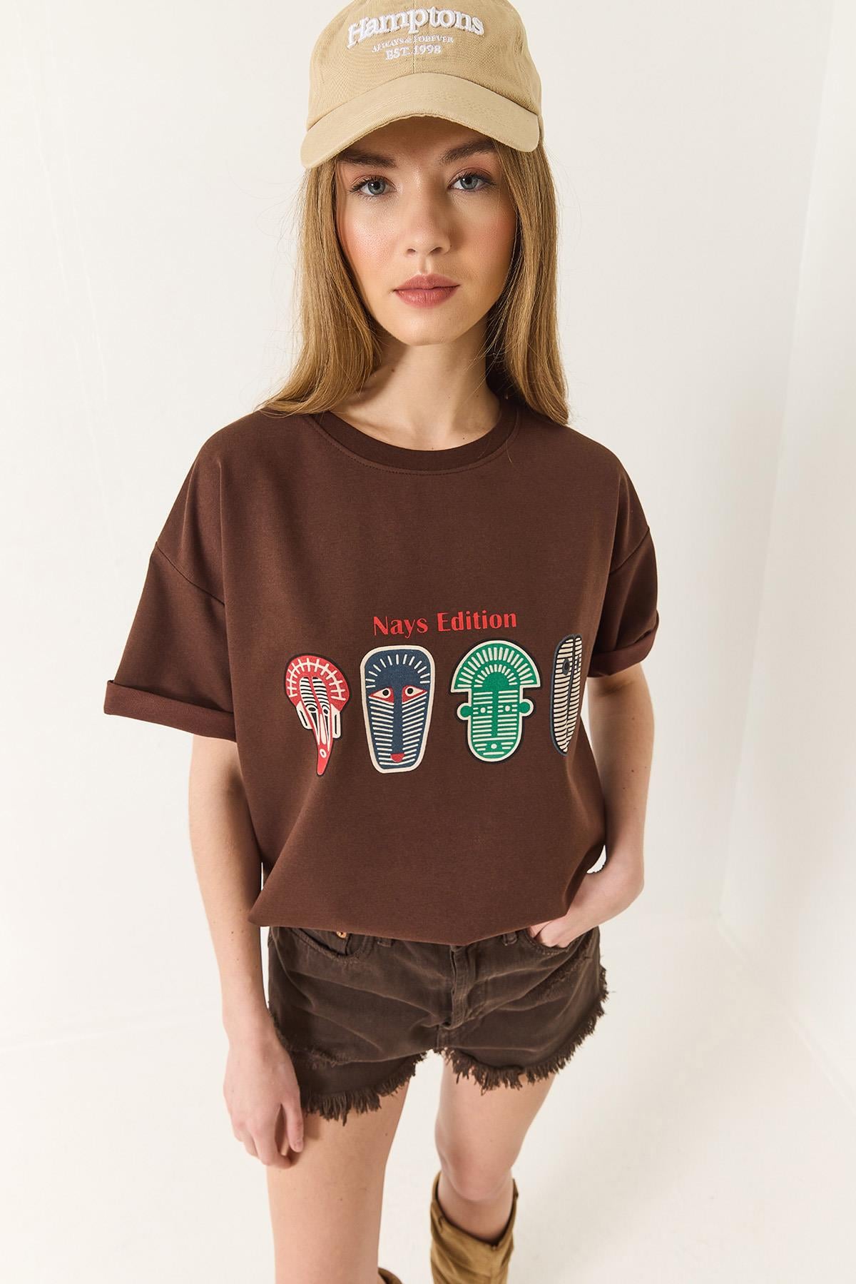 Baskılı Oversize Kısa Kollu Basic T-Shirt 60284034 - Acı Kahve